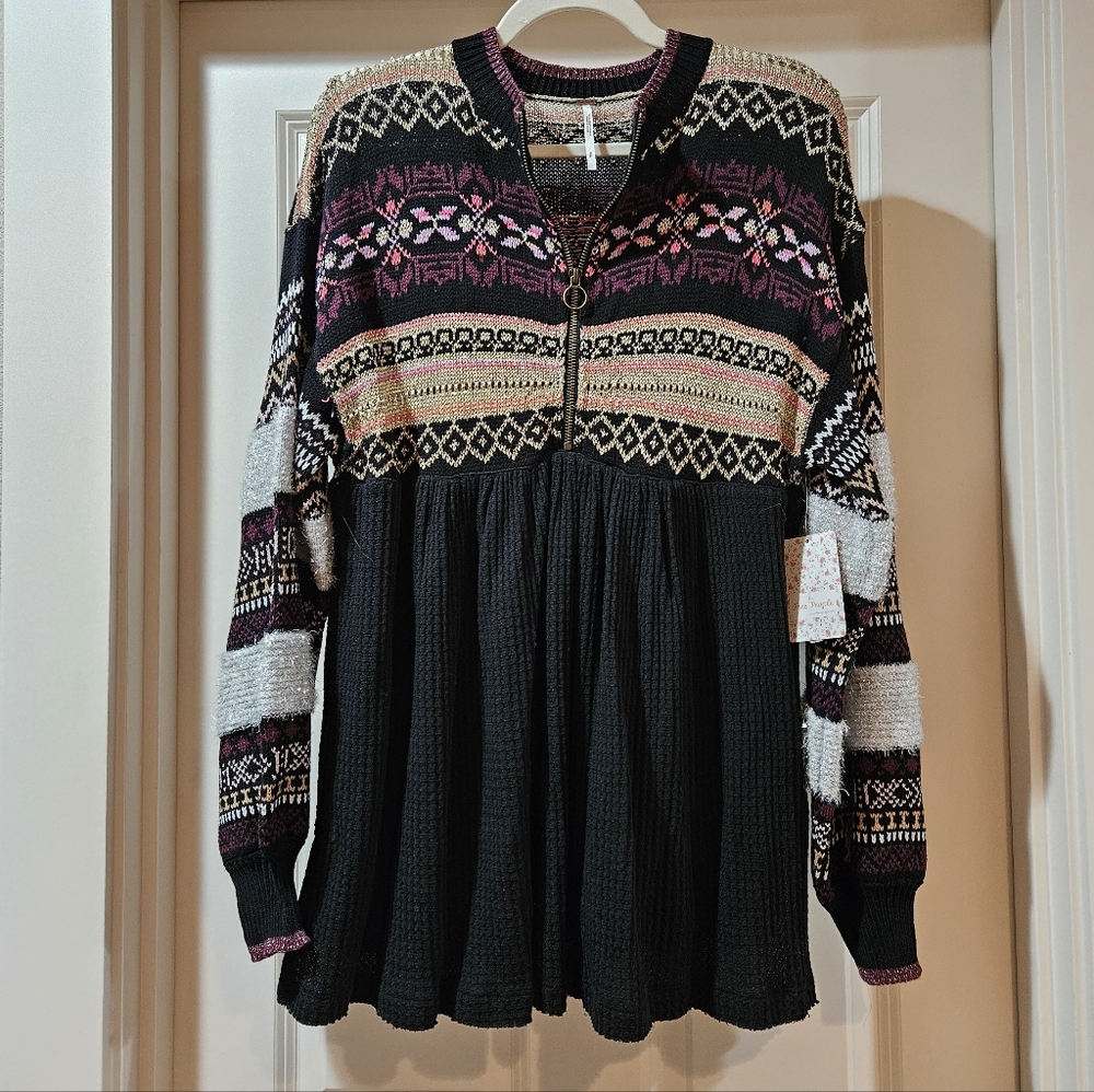 Free People Cabin Fever Swit Sweater Long Sleeve Half Zip Metallic Black Sm NWT - Picture 15 of 16
